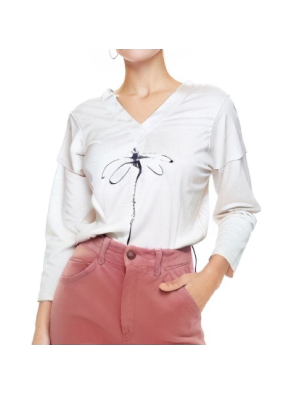 C.o.z.y Cotton Dragonfly Print Notch Neck T-Shirt, Casual Long Sleeve Top Sz L